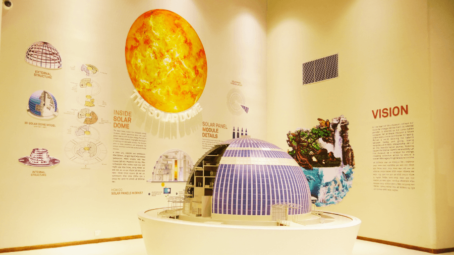 <p>A detailed model of the Solar Dome illustrates how solar panels and sustainable design work together to power the structure.</p>