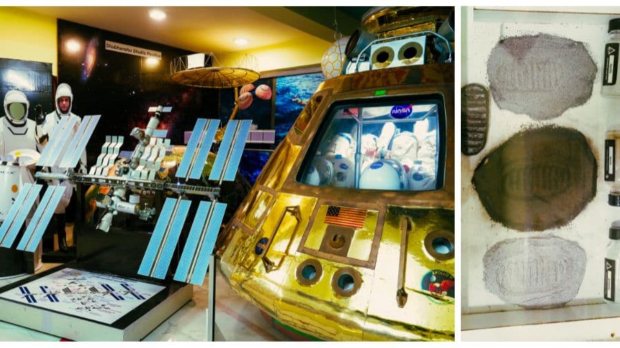 <p>(left to right) Model of the ISS and NASA's&nbsp;<em>Apollo 11</em> command module model placed next to each other; replica of different space dust.&nbsp;</p>