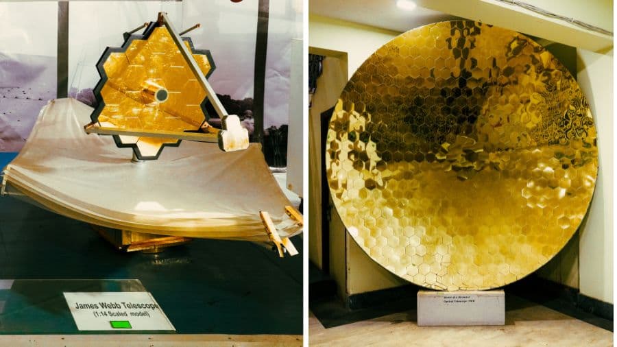 <p>(left to right) Replica of the James Webb Space Telescope; a 30-metre optical telescope.&nbsp;</p>