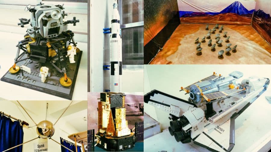 <p>(top to bottom; left to right) Models of Apollo 11 Lunar Lander, Sputnik 1; <em>Saturn V</em> rocket, ESA's INTEGRAL Spacecraft; ALMA Telescope, Space Shuttle Discovery&nbsp;</p>