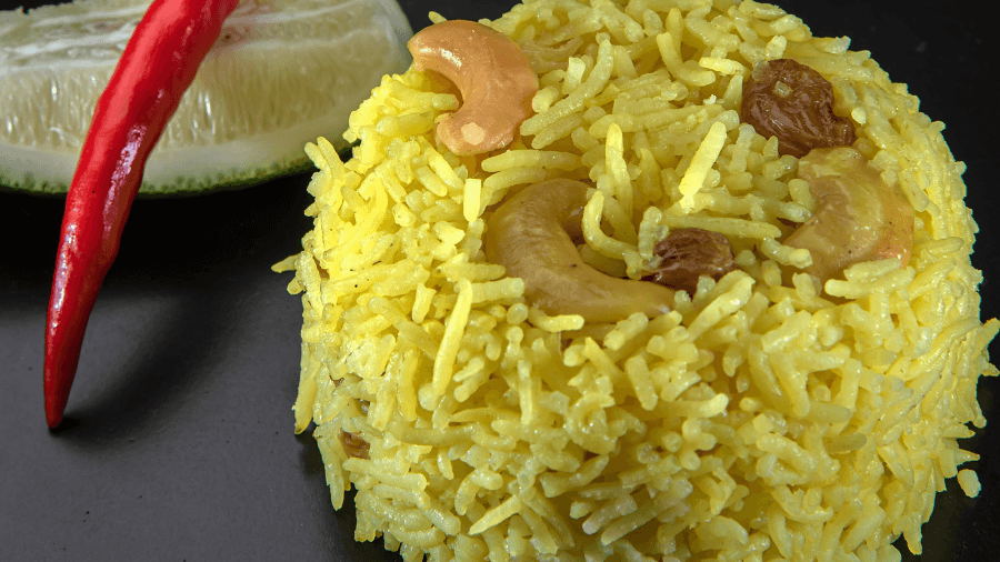 <p>Gobindobhog rice transformed into fragrant Basanti Pulao.</p>