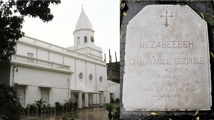<p dir="ltr">(left) The Armenian Church of the Holy Nazareth (Picture by Grentidez, Wikimedia Commons); (right) The grave of Rezabeebeh Sookias, the oldest Christian grave in Kolkata. (Picture by Rangan Datta)</p>