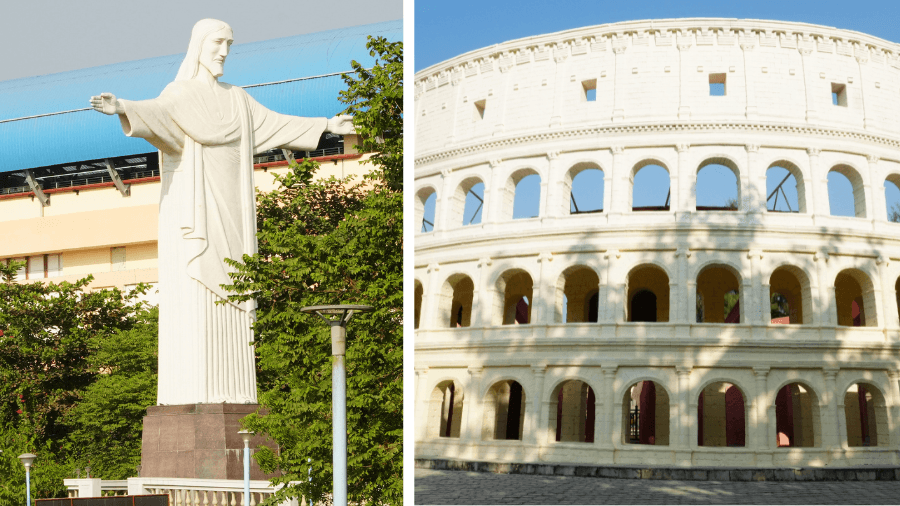 <p>(left) Replicas of Christ the Redeemer in Brazil and (right) the Roman Colosseum.</p>