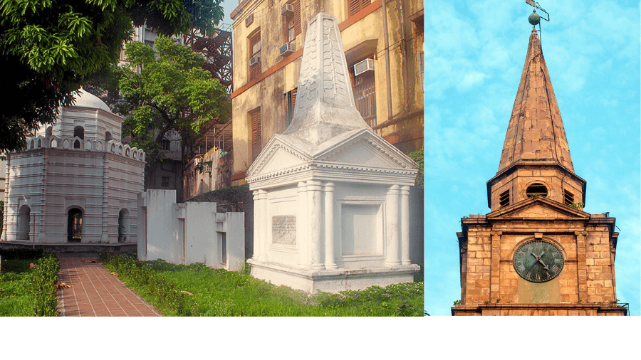 <p dir="ltr">(left)&nbsp;Tombs at St. John’s Church; (right) The stone spire of St. John’s Church. (Pictures by Rangan Datta)</p>