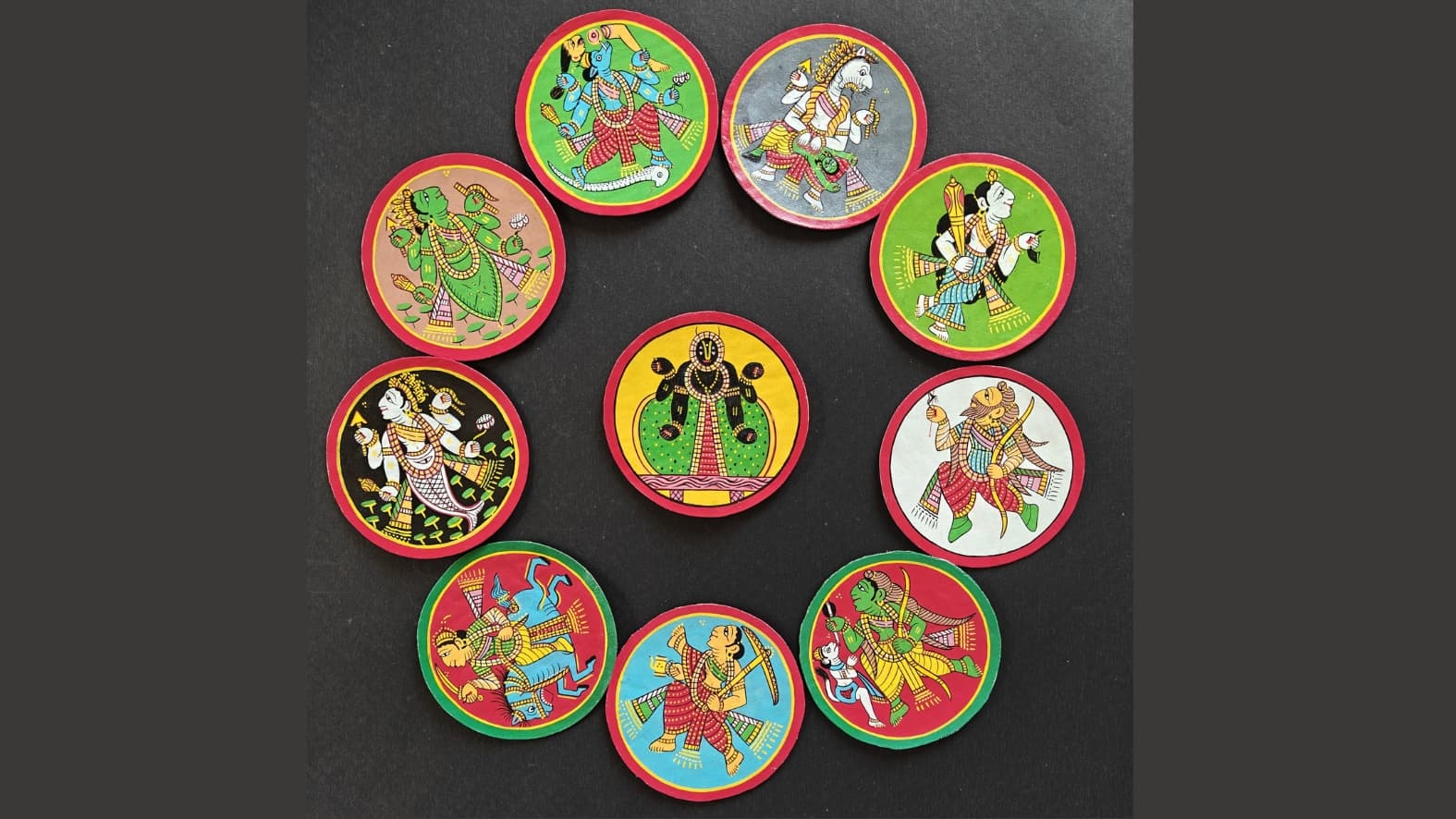 <p>Today artists make compact 10-card sets, each illustrating a different avatar of Vishnu.</p>