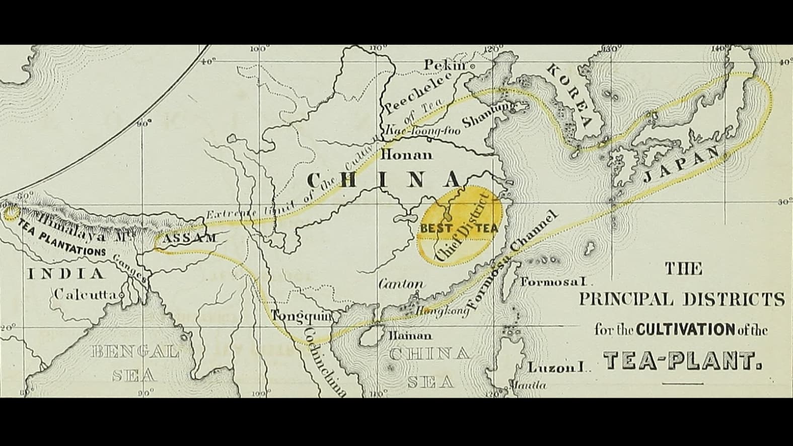 <p>The inset map from Robert Fortune's Two Visits to the Tea Countries of China and the British Tea Plantations in the Himalaya (John Murray, 1853). It charts the principal tea-growing districts across Asia, marking China's interior as the "Best Tea" region, while already noting "Tea Plantations" along the Himalayan foothills of Assam and Bengal. (Wikimedia Commons)</p>