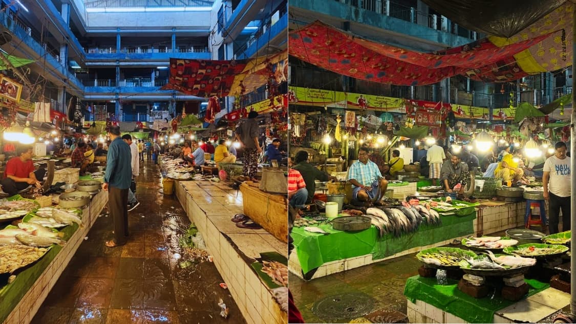 <p>A two-part view of the busy fish market at Gariahat, where fishmongers display a wide variety of fresh fish. (Picture by Srishti Dasgupta Sensarma)</p>