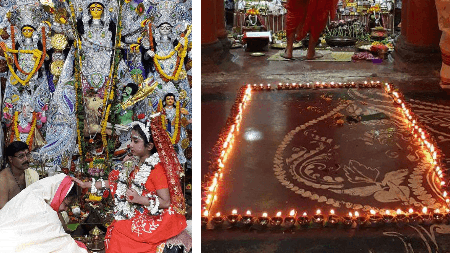 <p>Kumari Puja takes place on Ashtami; the 108 lamps lit during Sandhi Puja are arranged in a rectangular shape (Pictures by the Ranaghat Pal family)</p><p><br>&nbsp;</p>