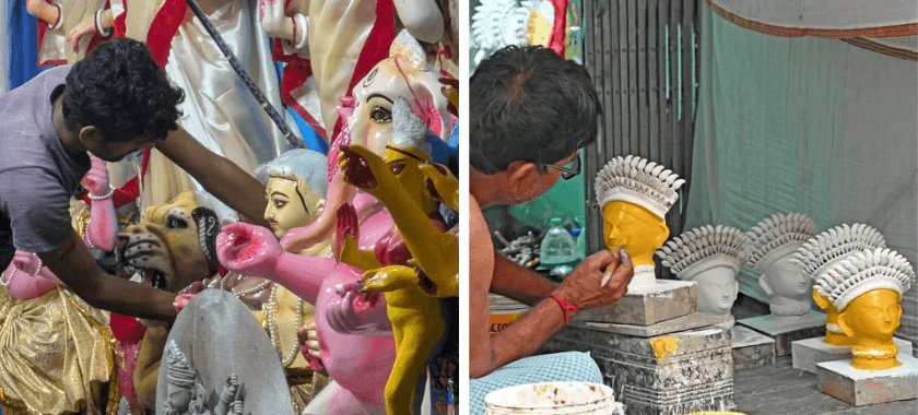 <p><em>Artisans freehand finishing touches tirelessly as Puja draws close. &nbsp;</em></p>